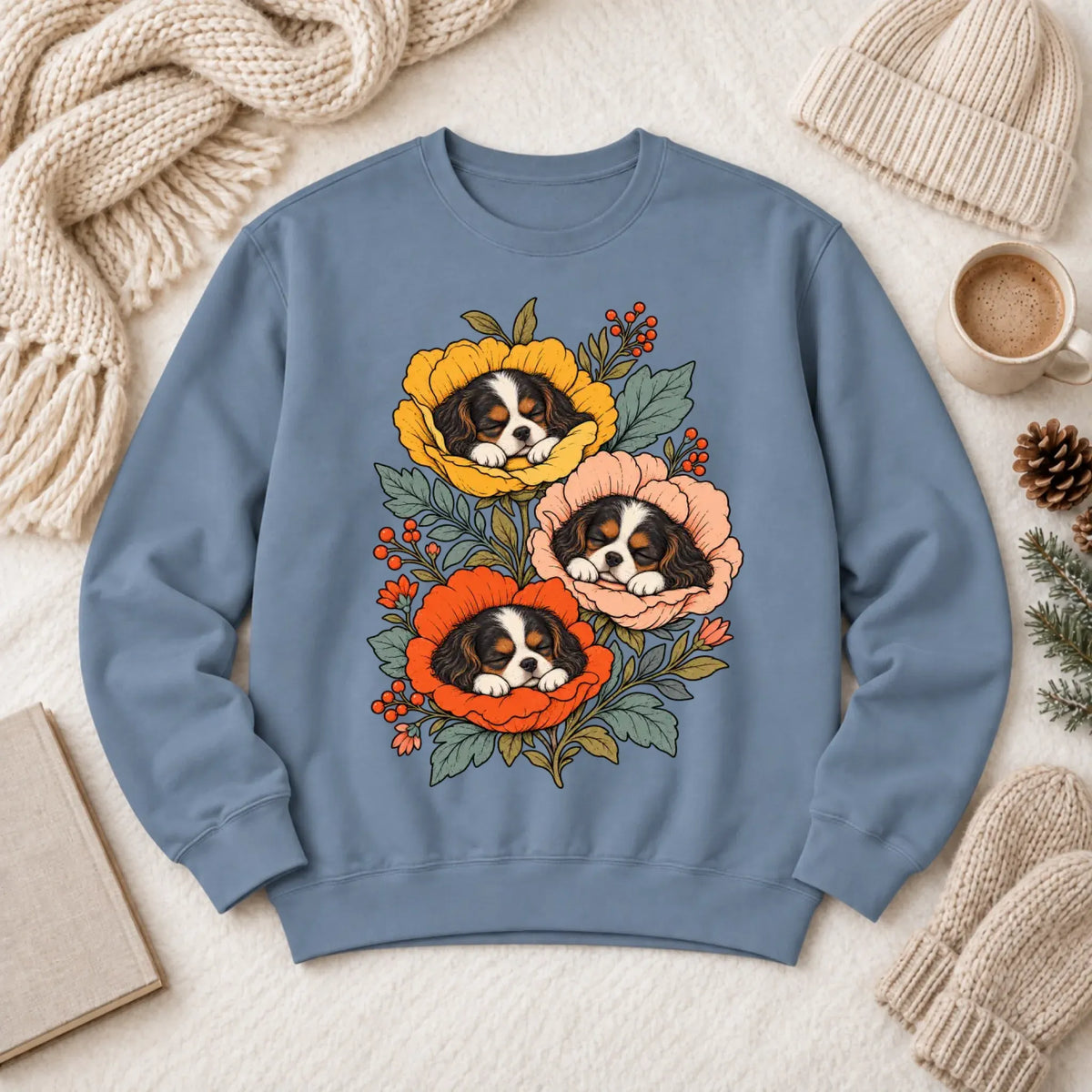 Sweatshirt Blue Jean / M Custom Cavalier Sleeping Flowers Unisex Sweatshirt