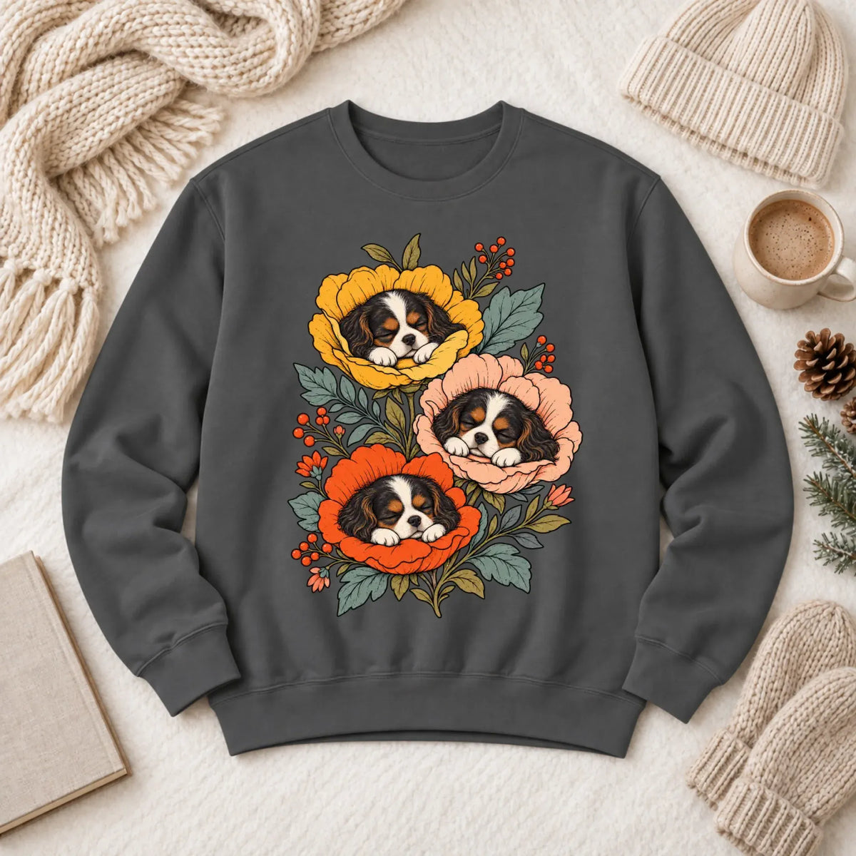 Sweatshirt Pepper / S Custom Cavalier Sleeping Flowers Unisex Sweatshirt
