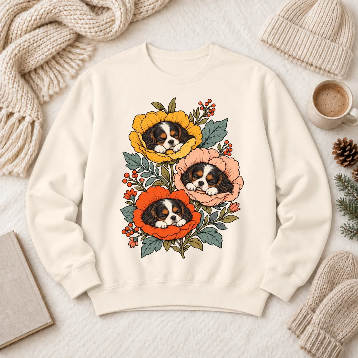 Sweatshirt Ivory / S Custom Cavalier Sleeping Flowers Unisex Sweatshirt
