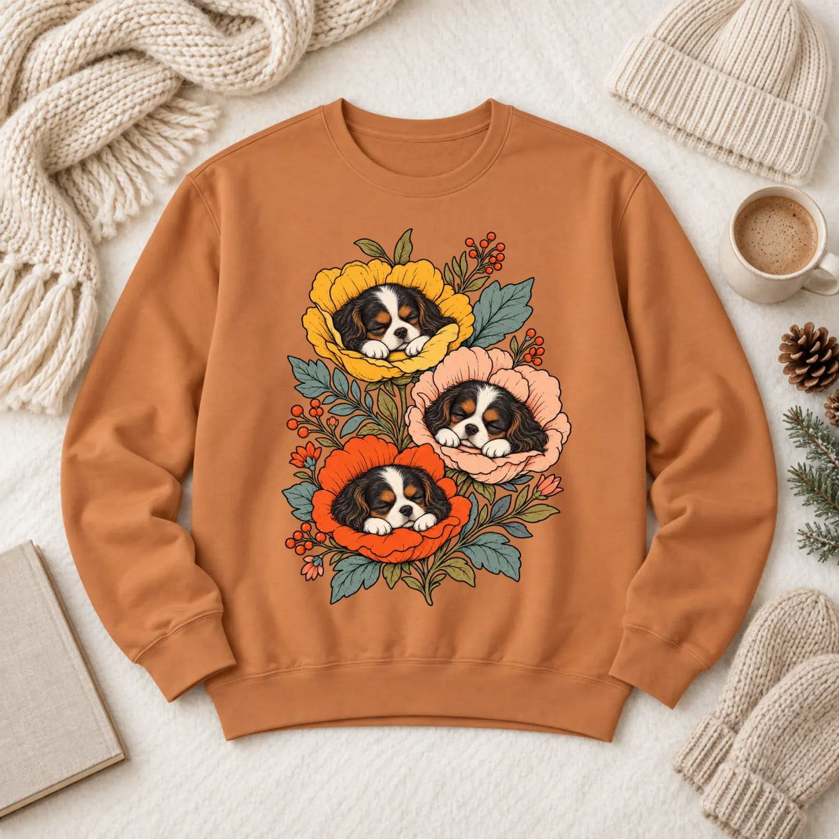 Sweatshirt Yam / S Custom Cavalier Sleeping Flowers Unisex Sweatshirt