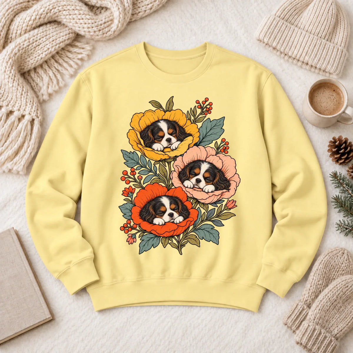 Sweatshirt Butter / S Custom Cavalier Sleeping Flowers Unisex Sweatshirt