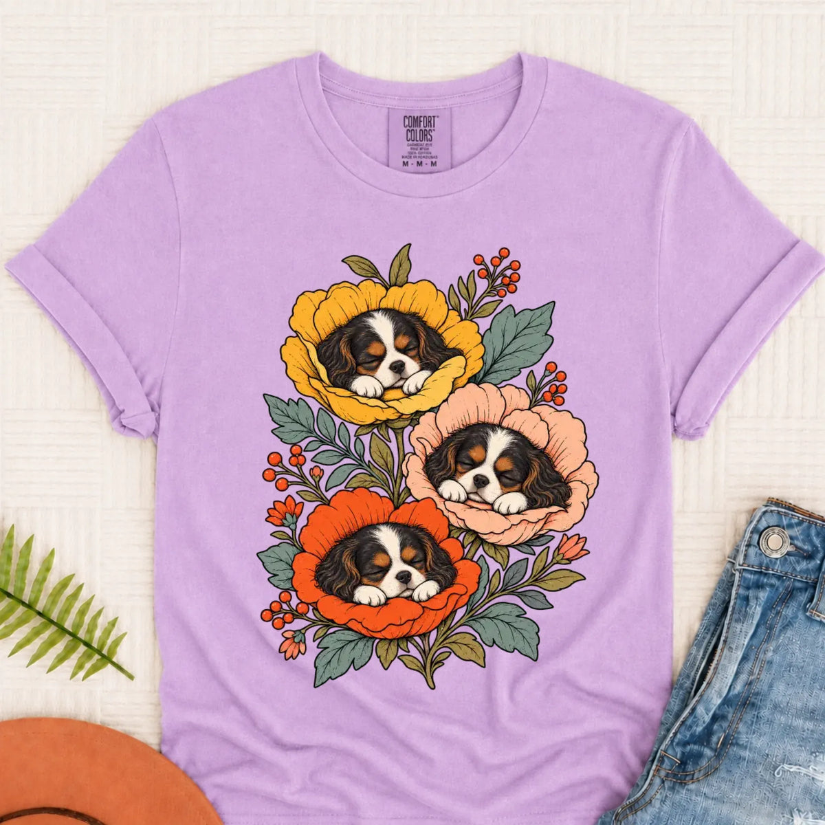 T-Shirt Orchid / S Custom Cavalier Sleeping Flowers Unisex Tshirt