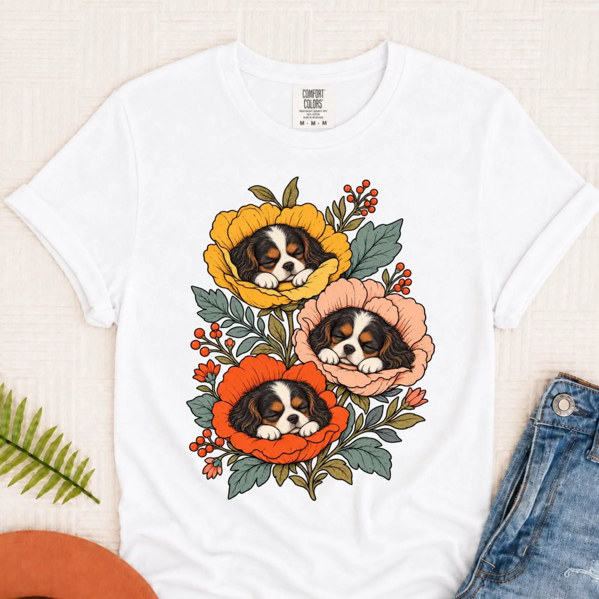 T-Shirt White / S Custom Cavalier Sleeping Flowers Unisex Tshirt