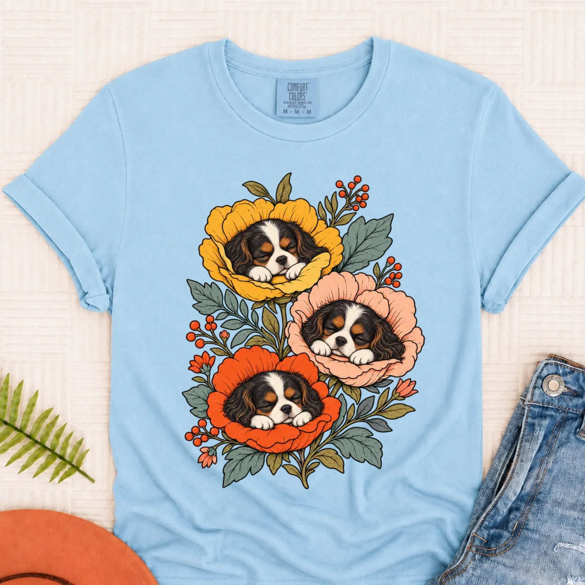 T-Shirt Chambray / S Custom Cavalier Sleeping Flowers Unisex Tshirt