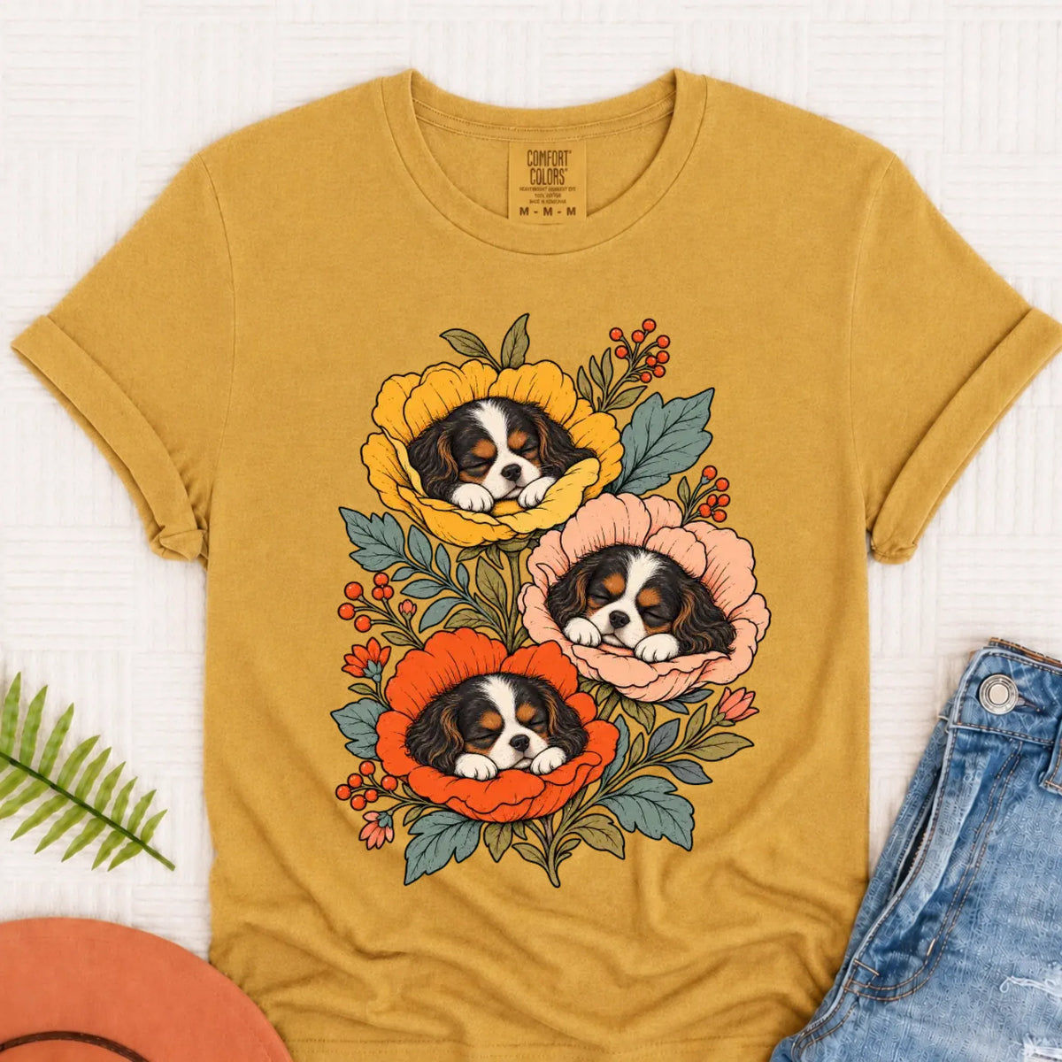 T-Shirt Mustard / S Custom Cavalier Sleeping Flowers Unisex Tshirt