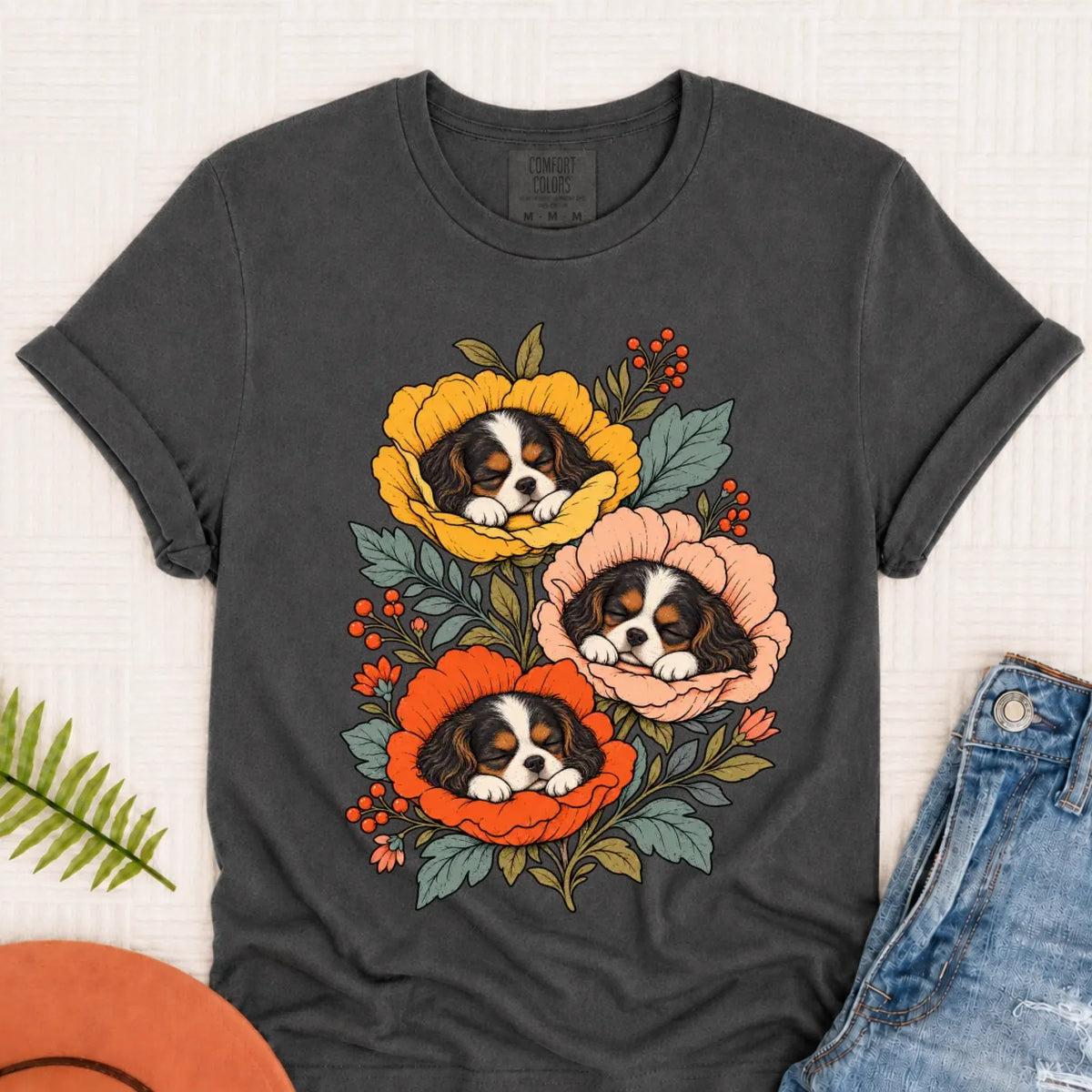 T-Shirt Pepper / S Custom Cavalier Sleeping Flowers Unisex Tshirt