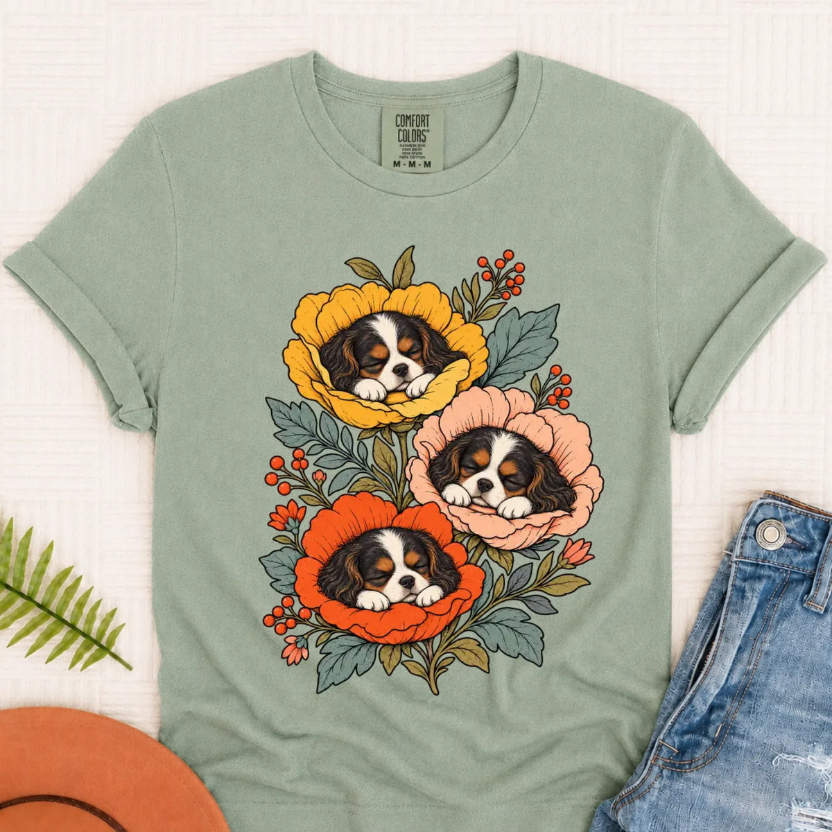 T-Shirt Bay / S Custom Cavalier Sleeping Flowers Unisex Tshirt