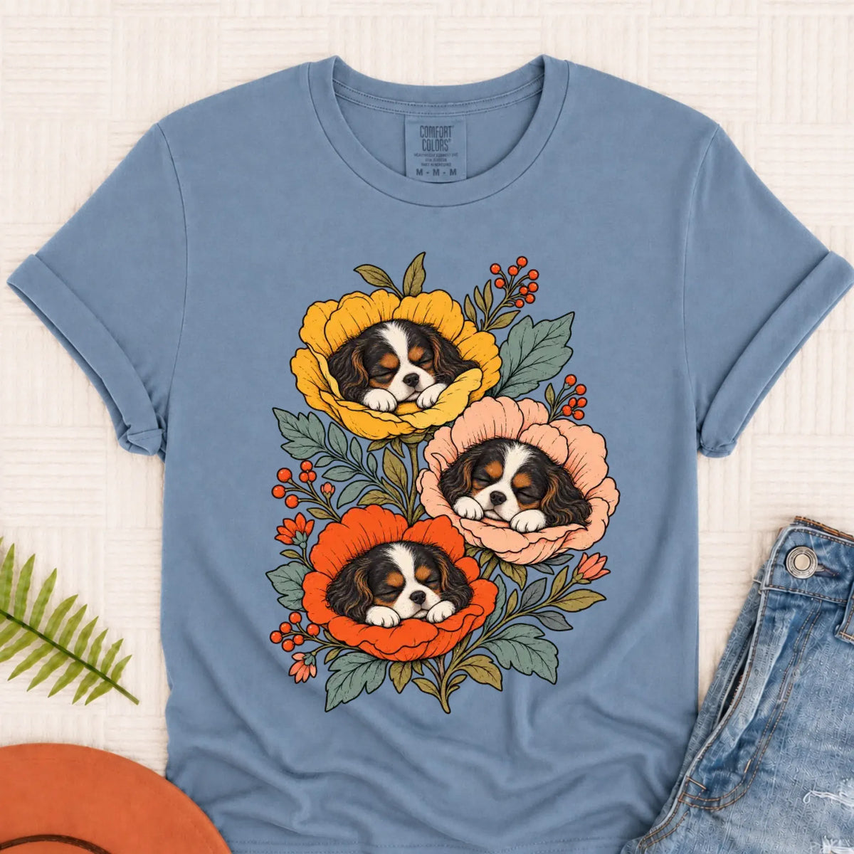 T-Shirt Blue Jean / S Custom Cavalier Sleeping Flowers Unisex Tshirt