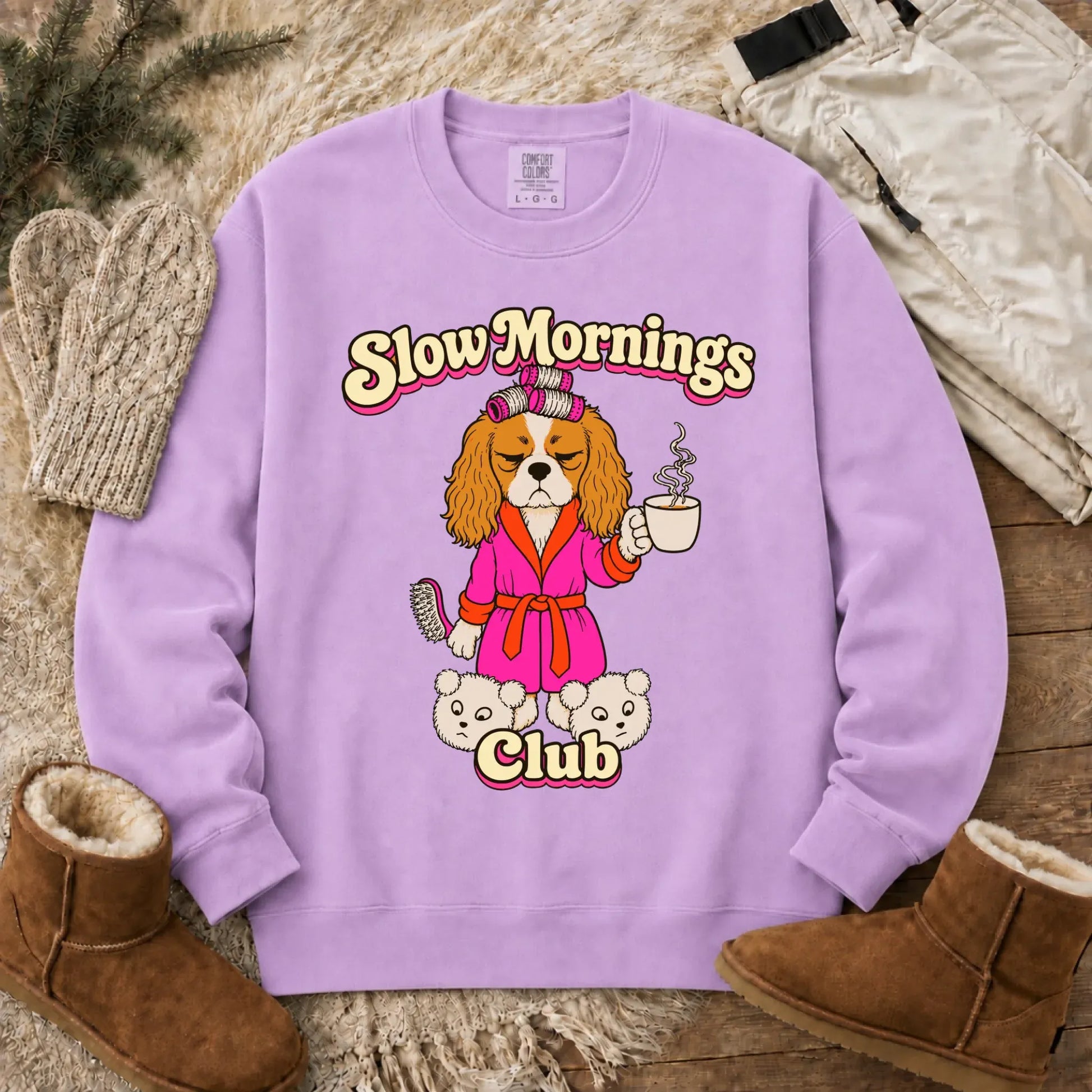 Custom Cavalier Slow Mornings Club Unisex Sweatshirt Orchid
