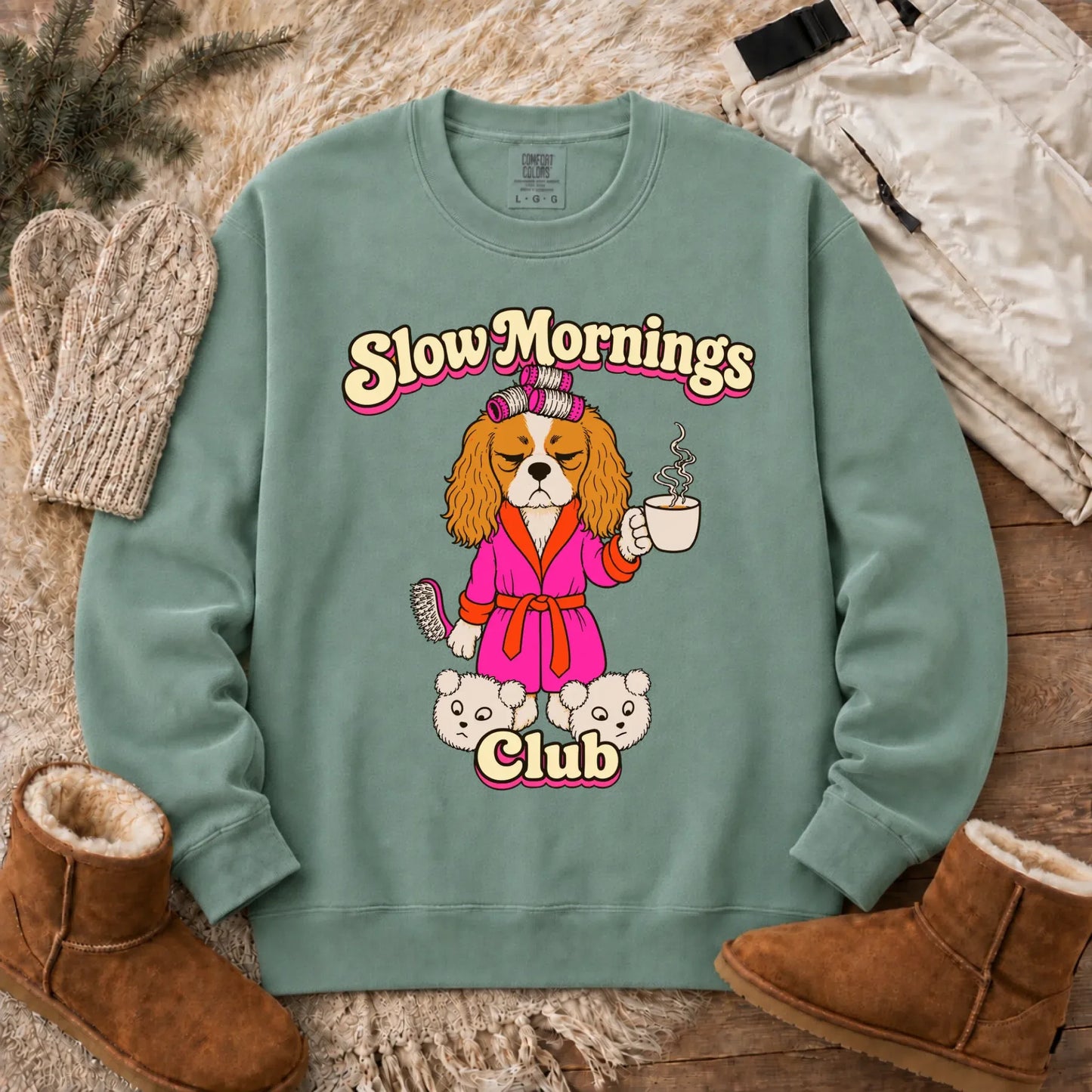 Custom Cavalier Slow Mornings Club Unisex Sweatshirt Light Green