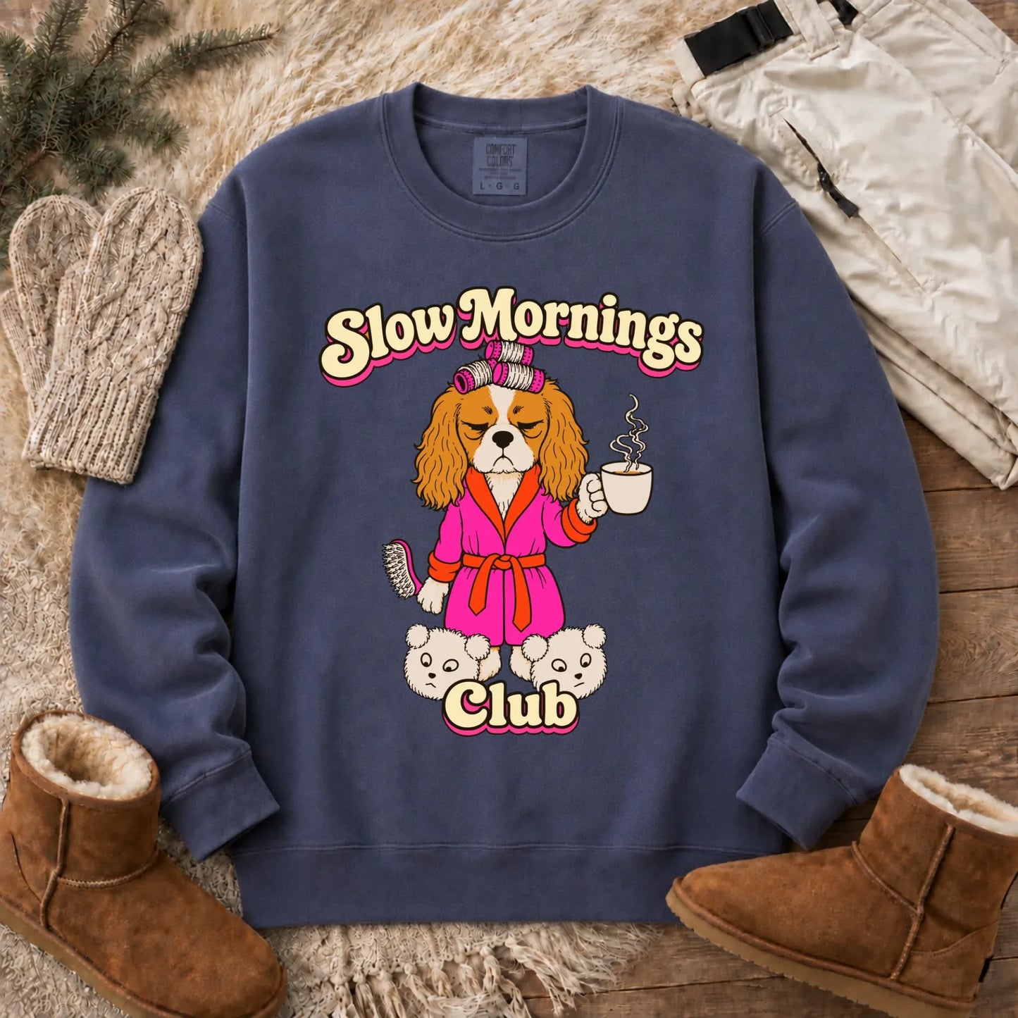 Custom Cavalier Slow Mornings Club Unisex Sweatshirt Denim