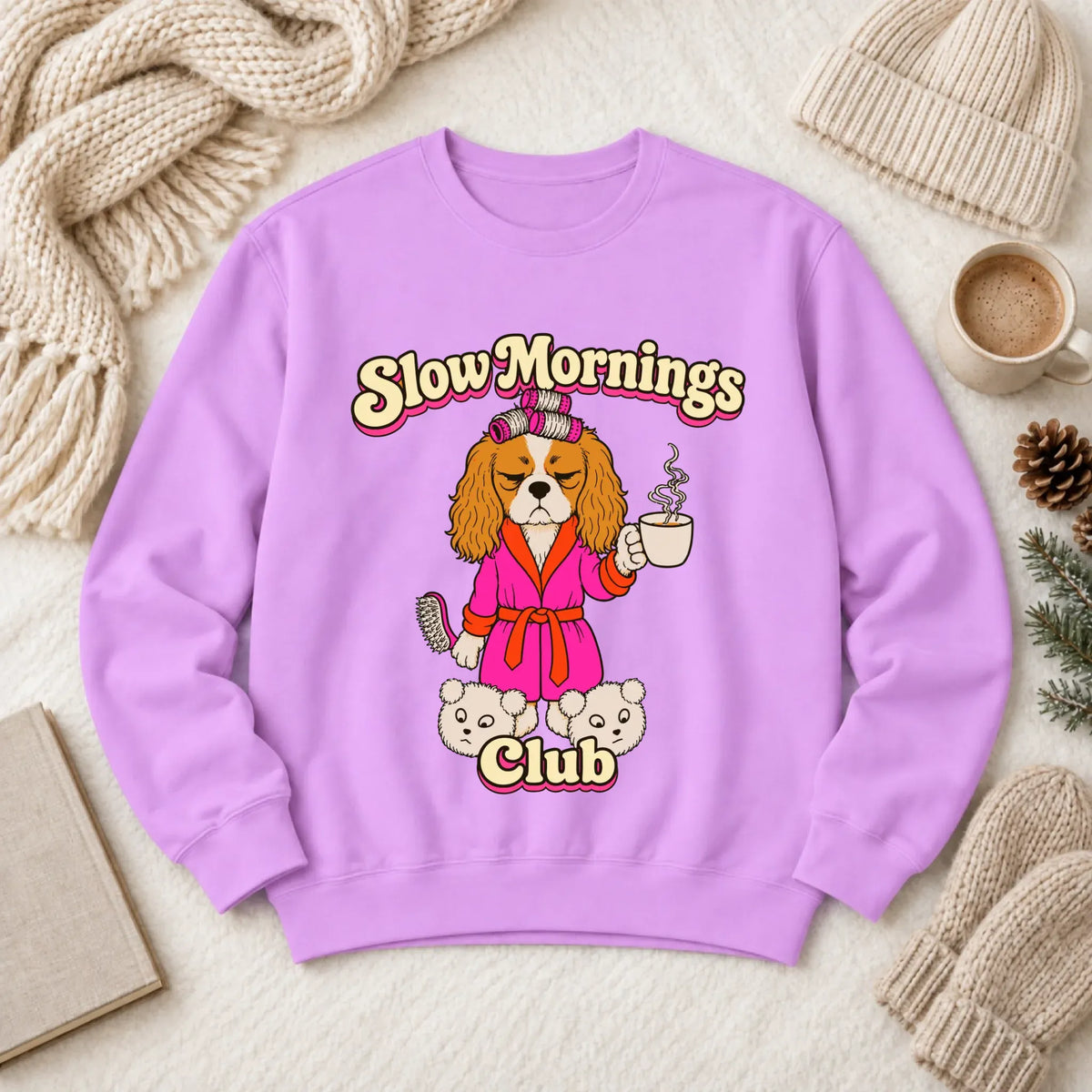 Custom Cavalier Slow Mornings Club Unisex Sweatshirt Neon Violet