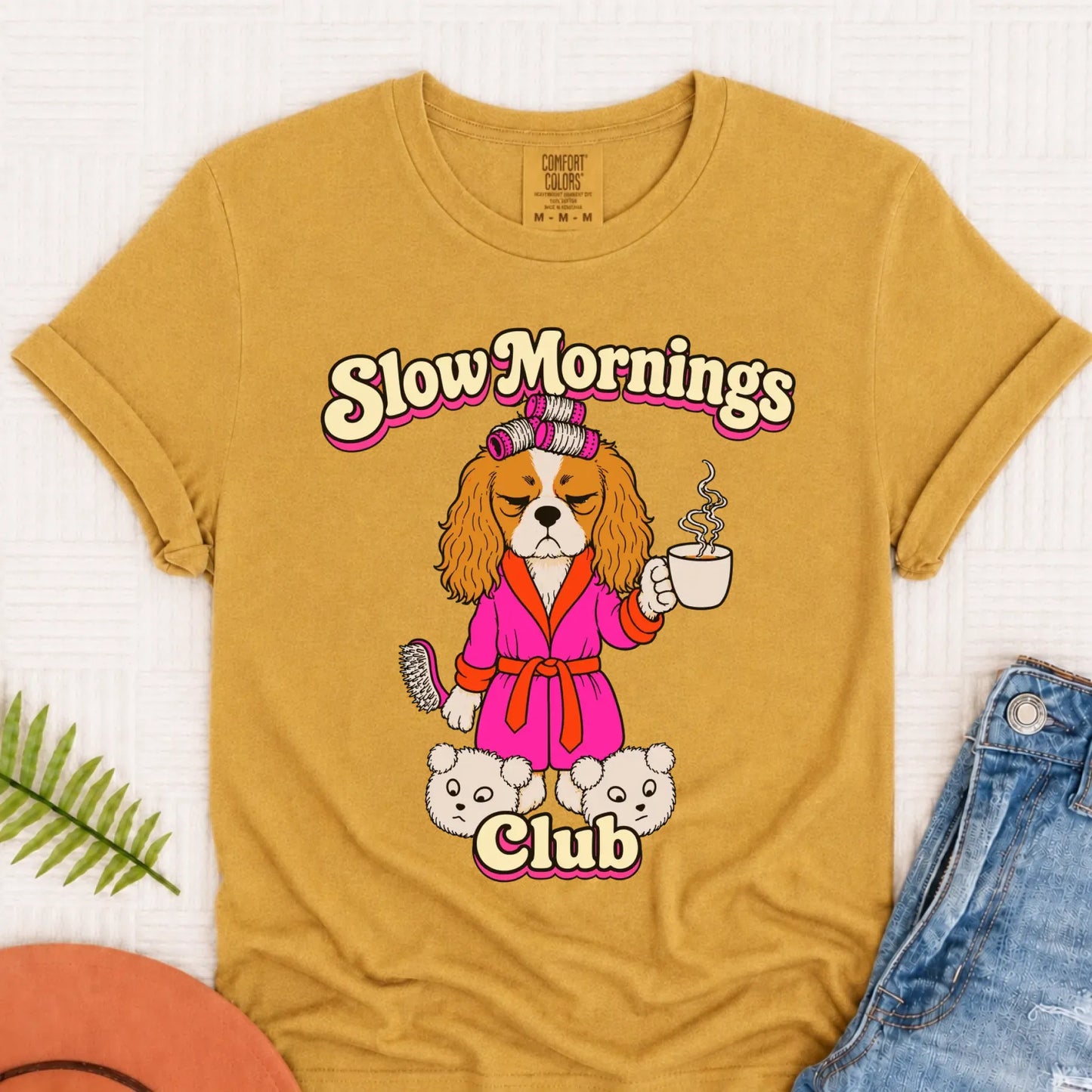Custom Cavalier Slow Mornings Club Unisex Tshirt Mustard