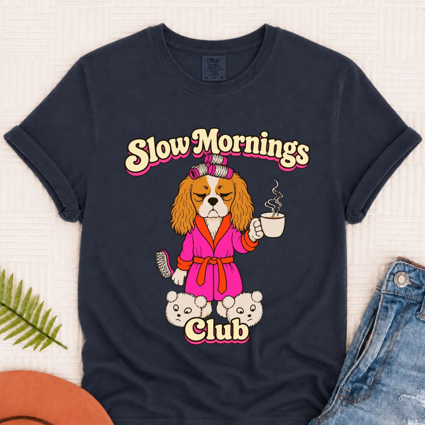 Custom Cavalier Slow Mornings Club Unisex Tshirt Navy
