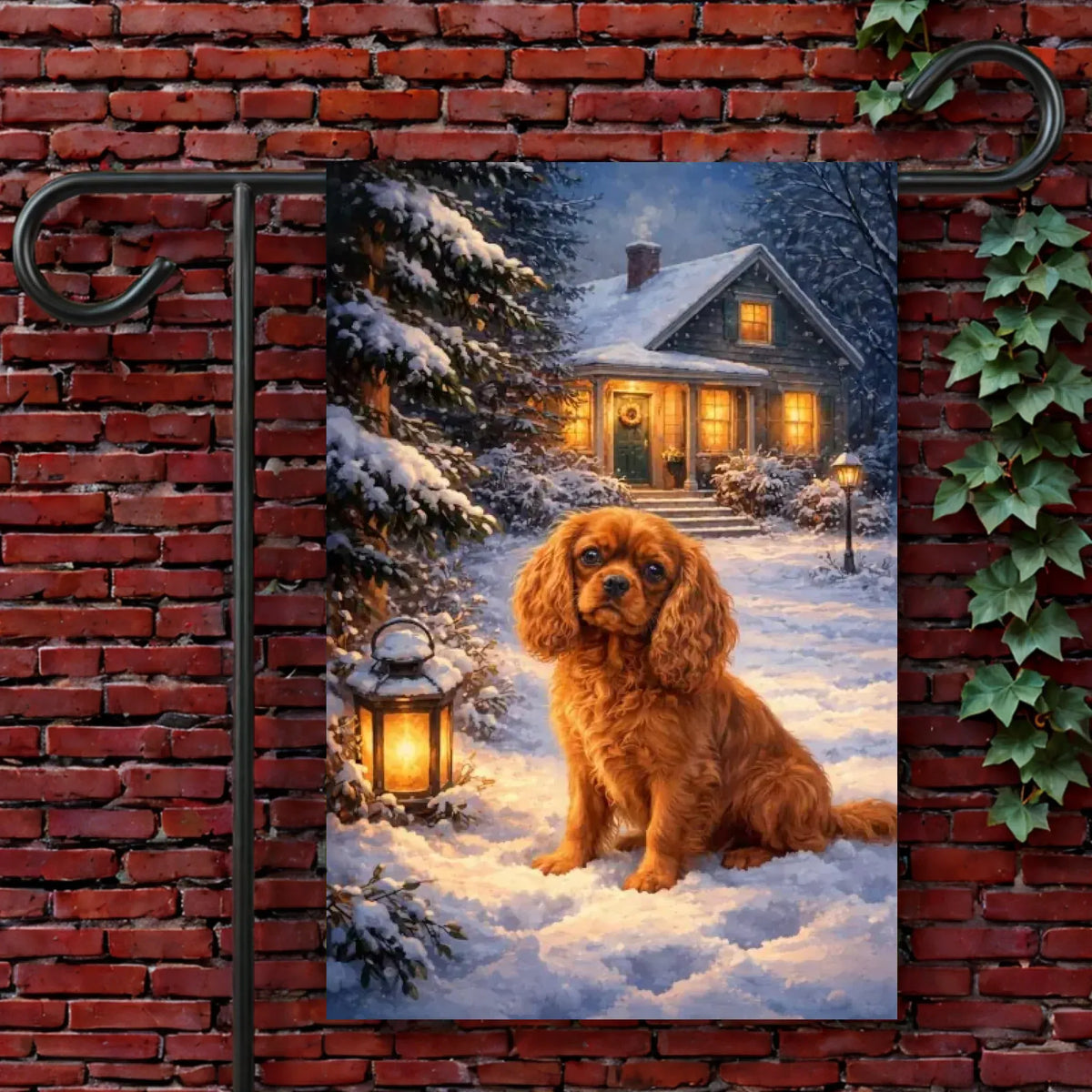 Custom Cavalier Snowy Winter Scene Garden Flag 12'' × 18''