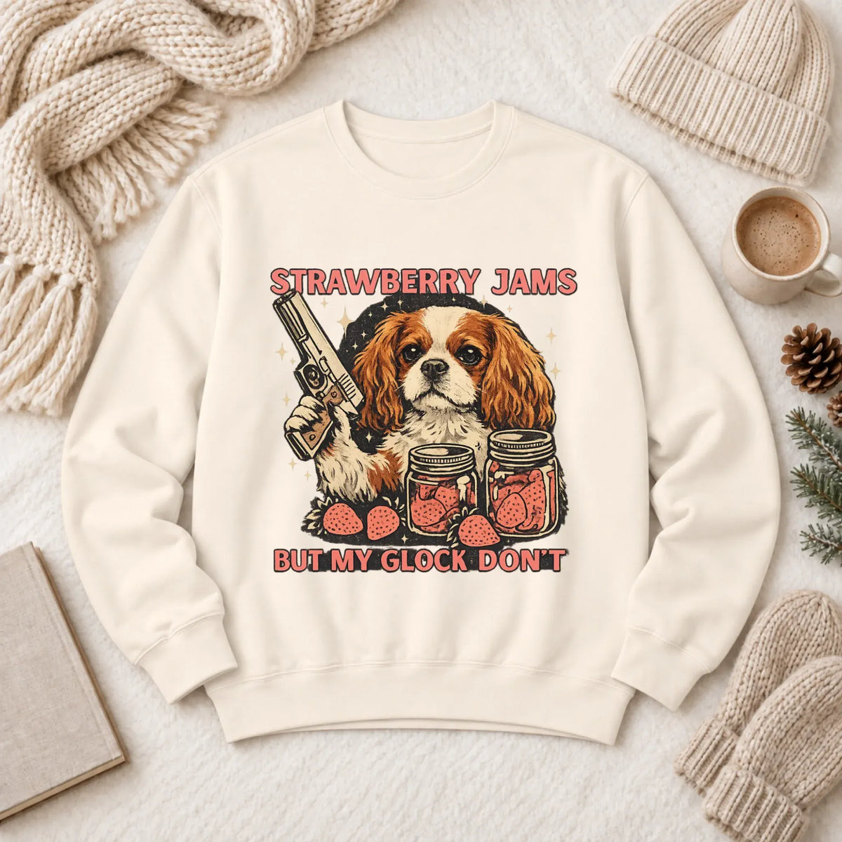 Custom Cavalier Strawberry Jams Unisex Sweatshirt Ivory
