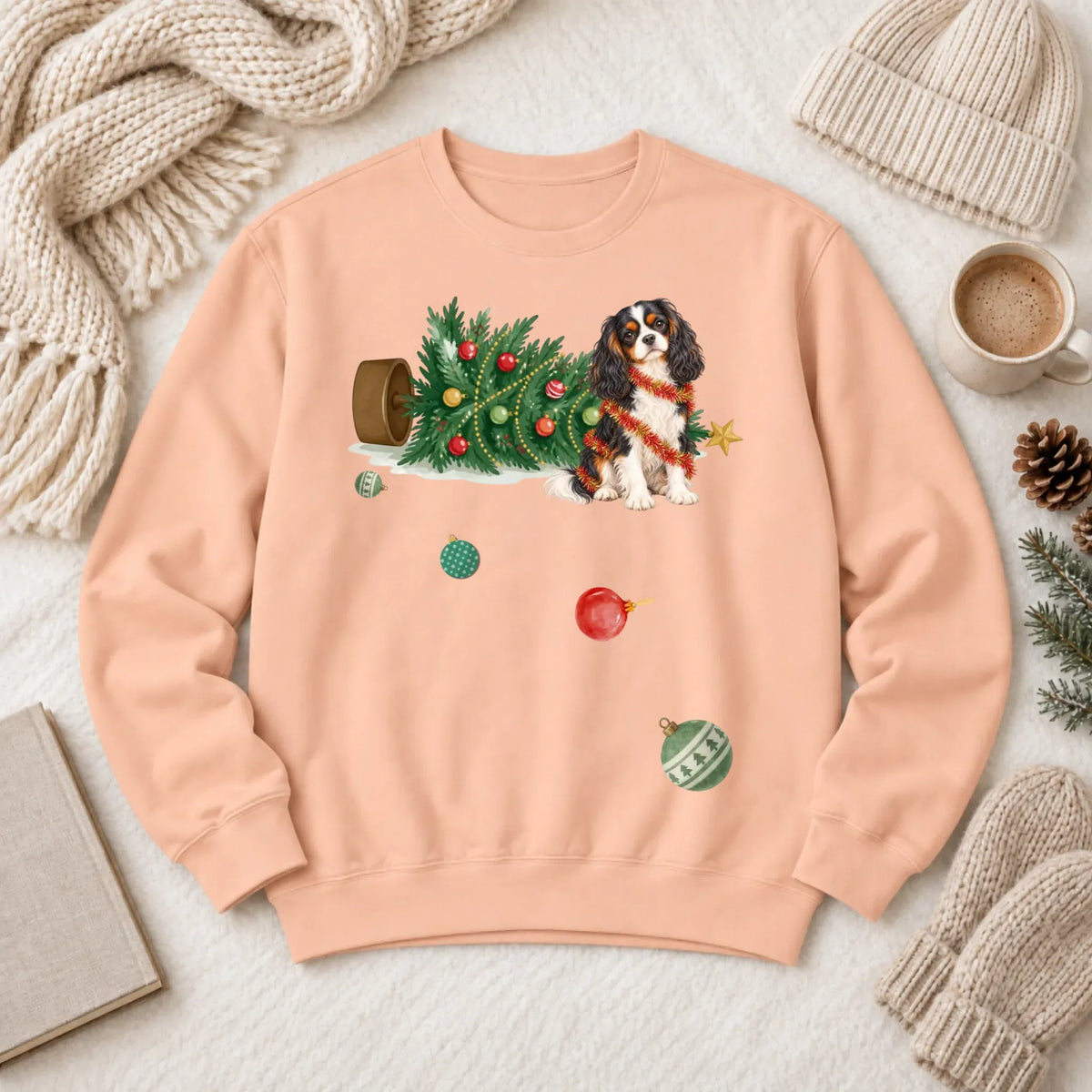 Custom Cavalier Uh Oh Christmas Tree Unisex Sweatshirt Peachy