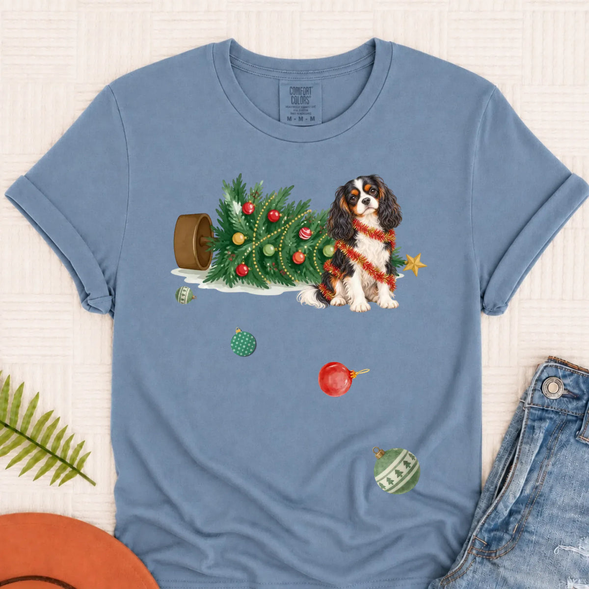 Custom Cavalier Uh Oh Christmas Tree Unisex Tshirt Blue Jean