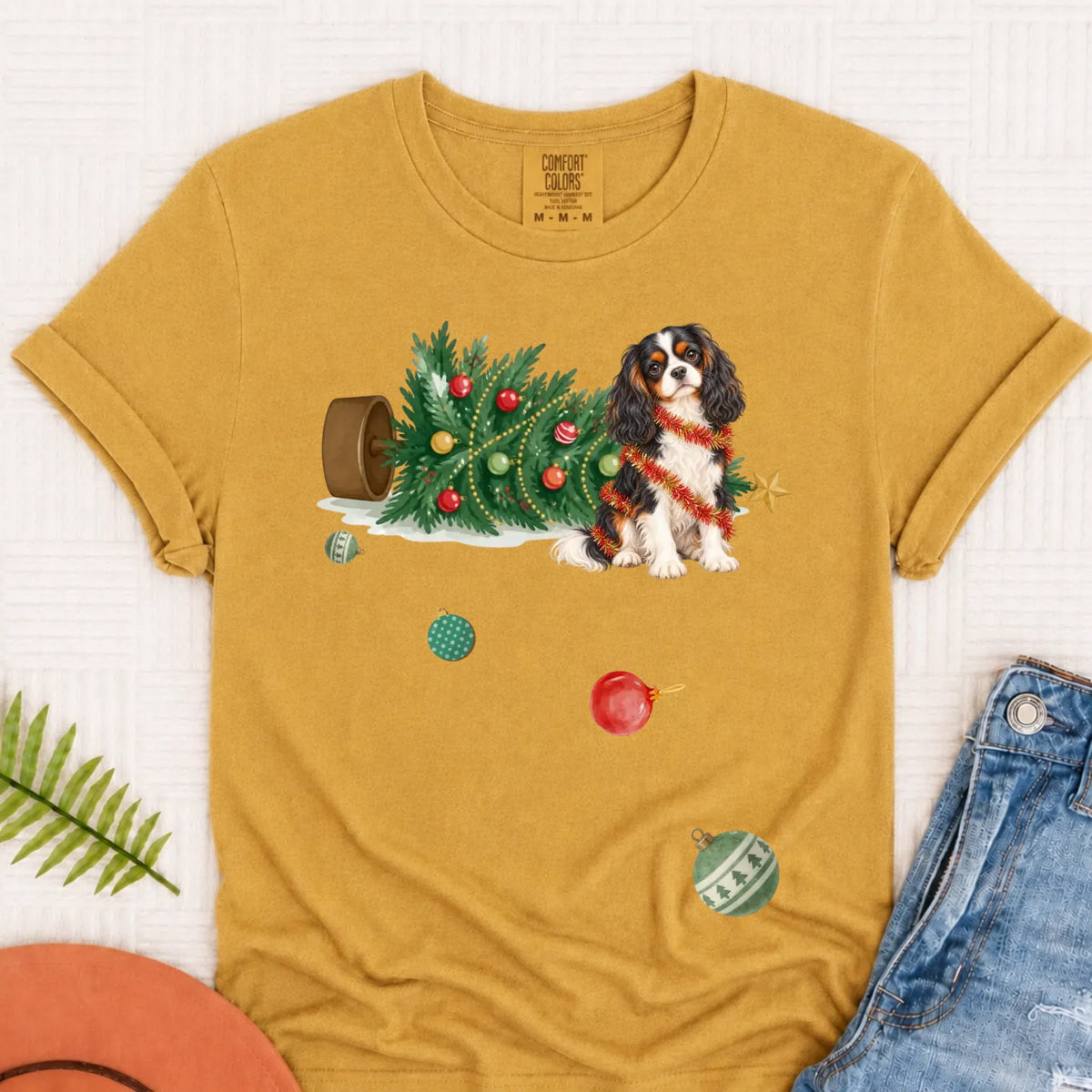 Custom Cavalier Uh Oh Christmas Tree Unisex Tshirt Mustard