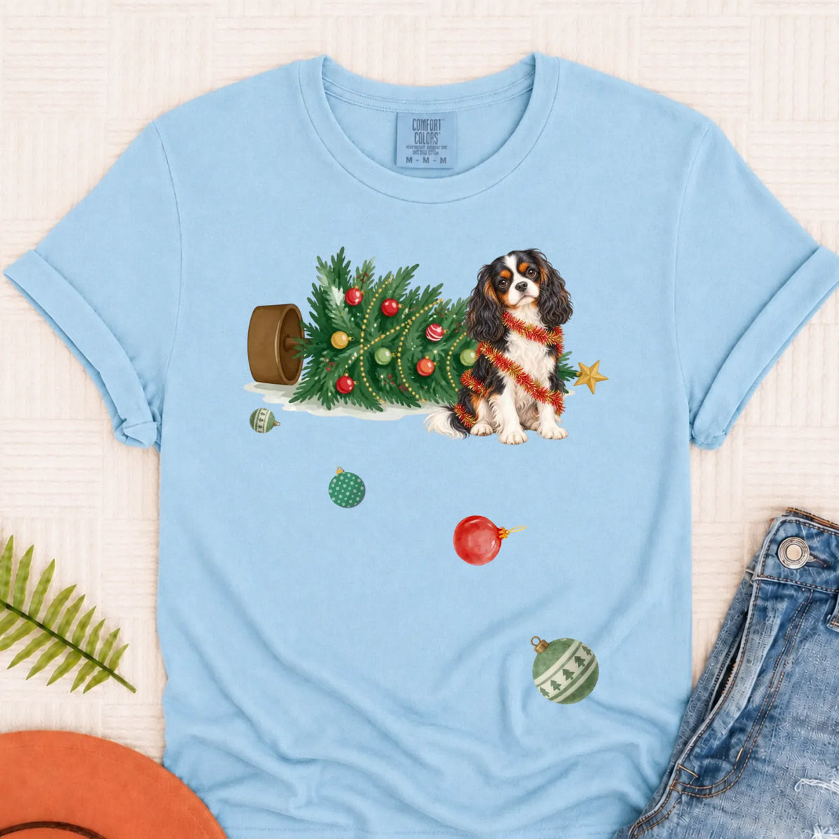 Custom Cavalier Uh Oh Christmas Tree Unisex Tshirt Chambray