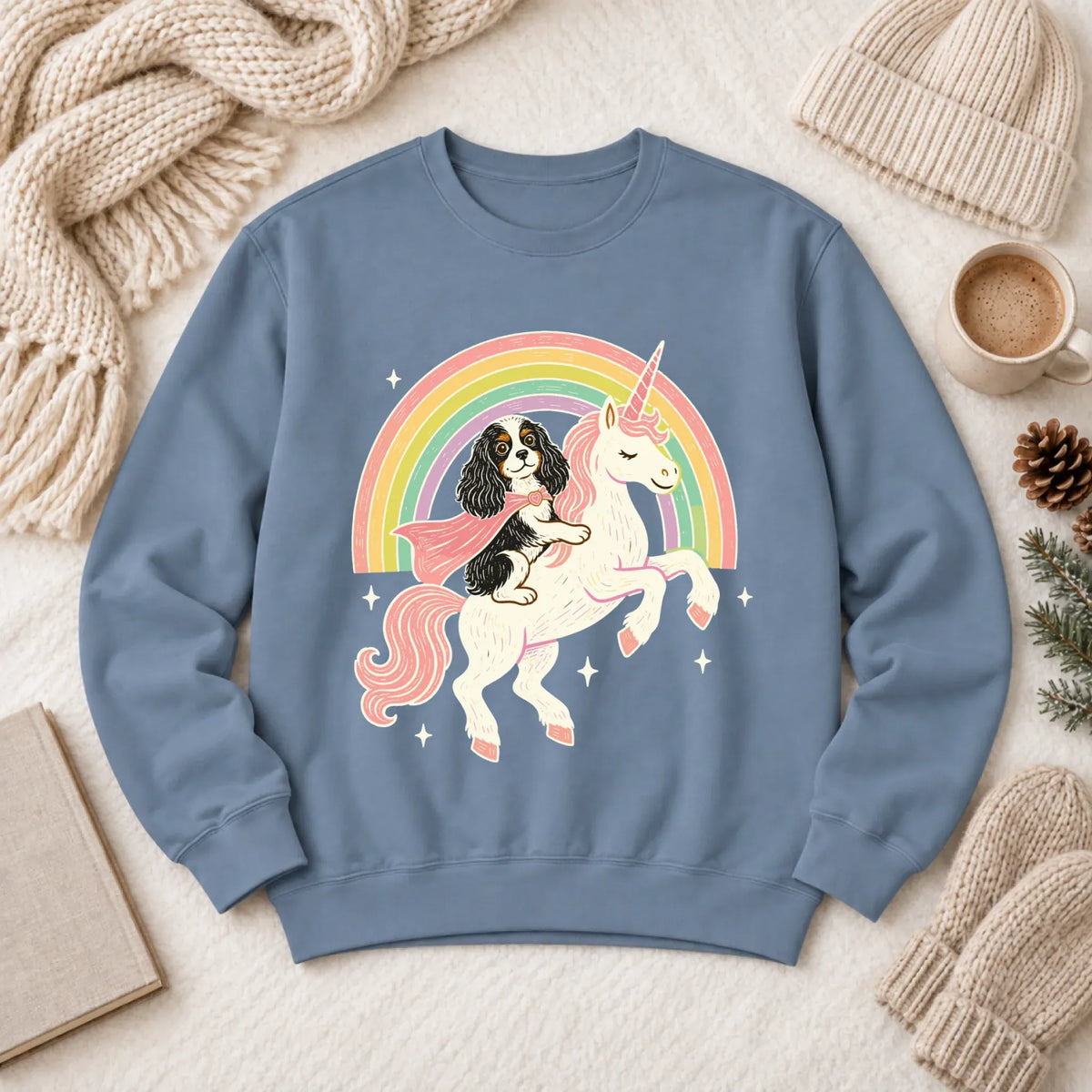 Custom Cavalier Unicorn Rainbow Unisex Sweatshirt Blue Jean