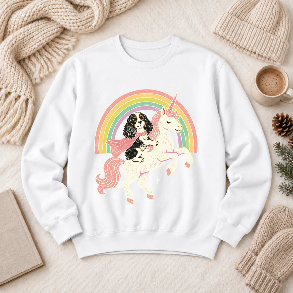 Custom Cavalier Unicorn Rainbow Unisex Sweatshirt White