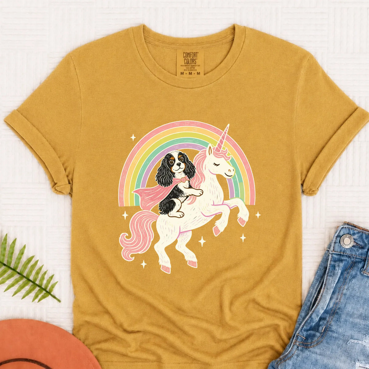 Custom Cavalier Unicorn Rainbow Unisex TShirt Mustard