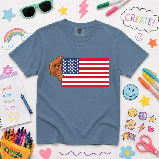 Custom Cavalier YOUTH American USA Flag Unisex Tshirt Blue Jean