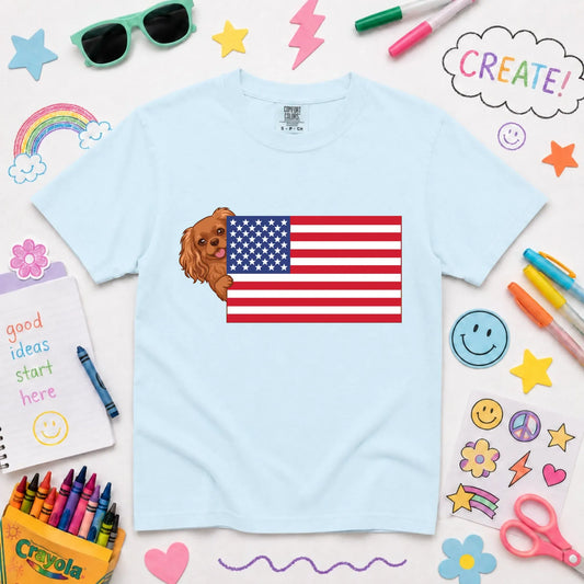 Custom Cavalier YOUTH American USA Flag Unisex Tshirt Chambray