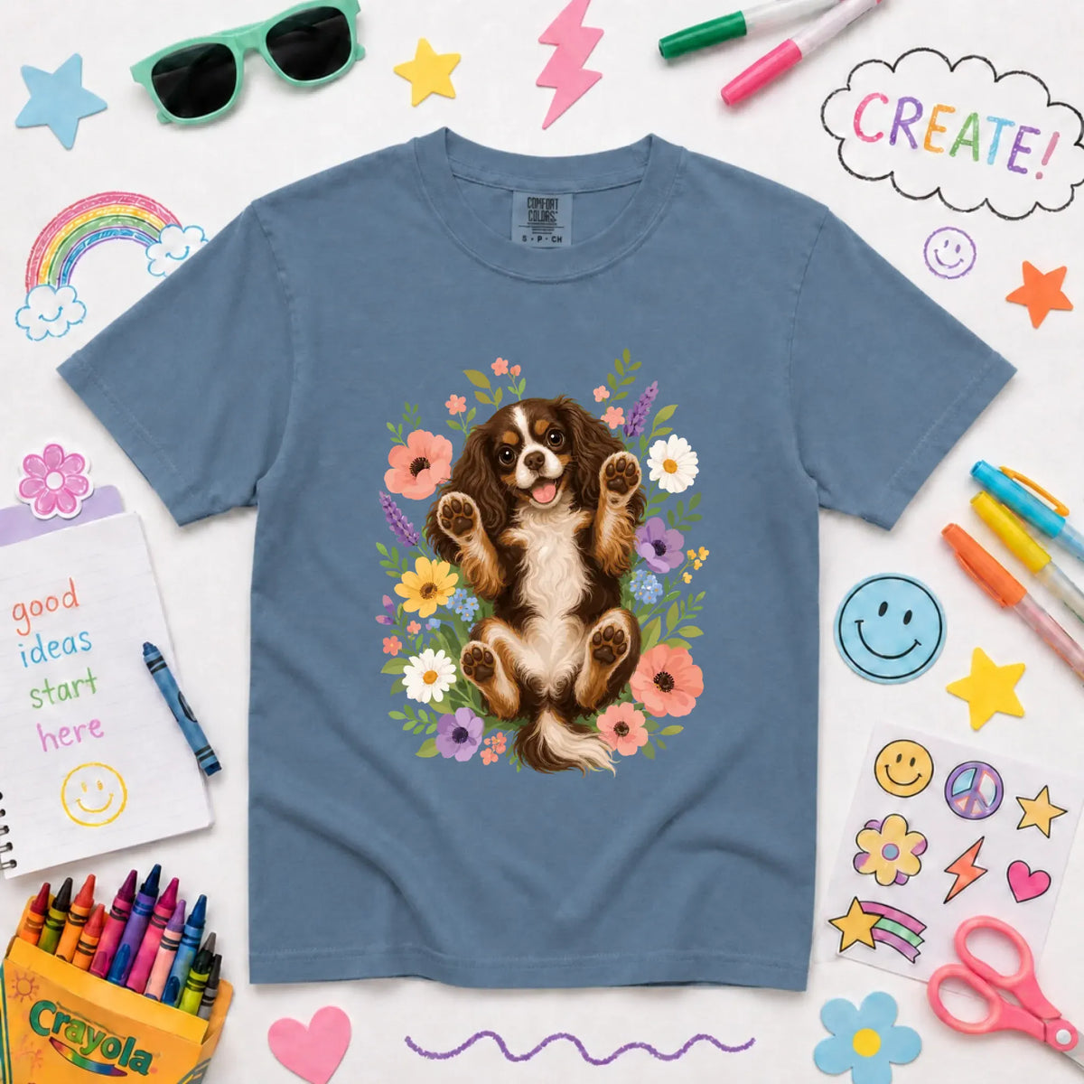 Custom Cavalier YOUTH Belly Rubs Garden Unisext Tshirt NEW Youth Midweight Tee Blue Jean