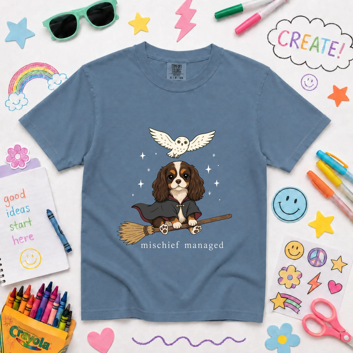 Custom Cavalier YOUTH Halloween Mischief Managed Unisex TShirt Blue Jean