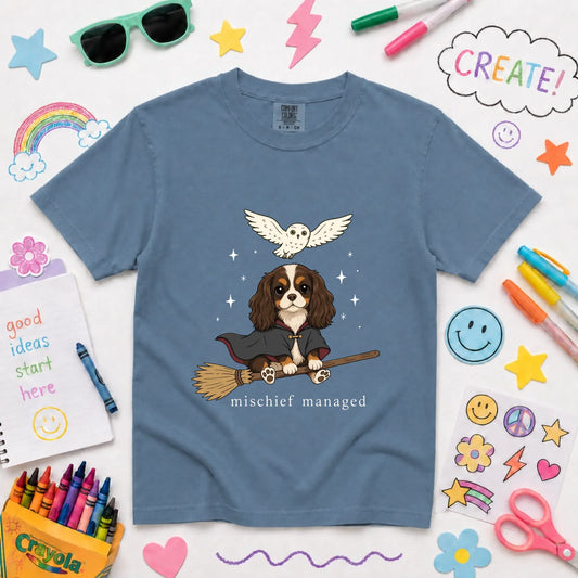 Custom Cavalier YOUTH Halloween Mischief Managed Unisex TShirt Blue Jean