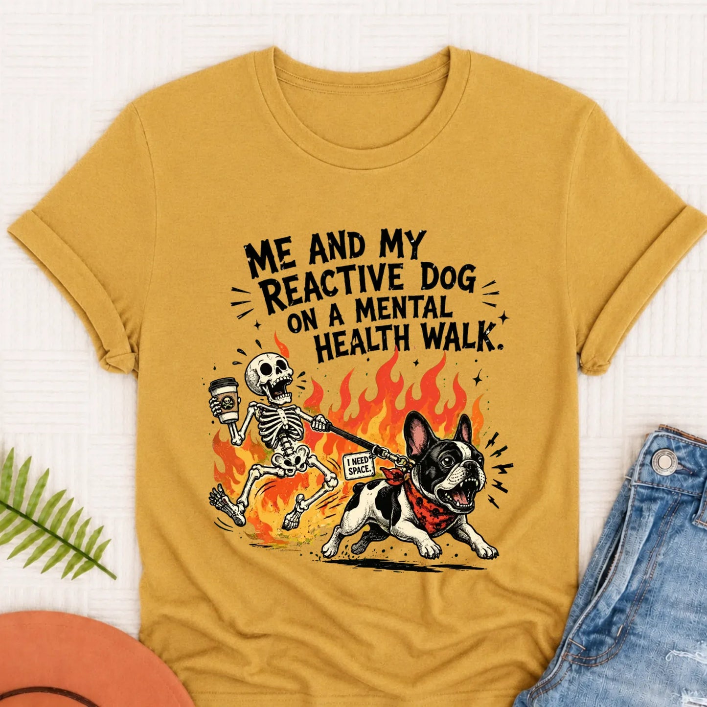 Custom Crazy Walk French Bulldog Unisex TShirt Mustard