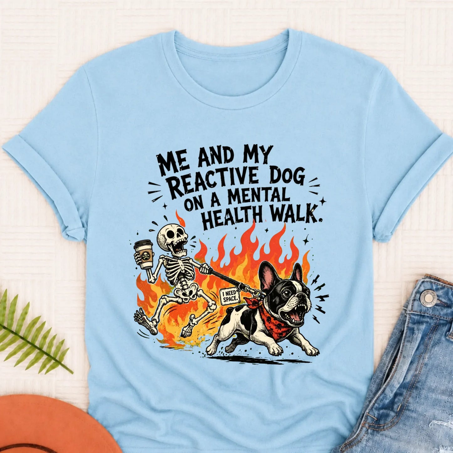 Custom Crazy Walk French Bulldog Unisex TShirt Chambray