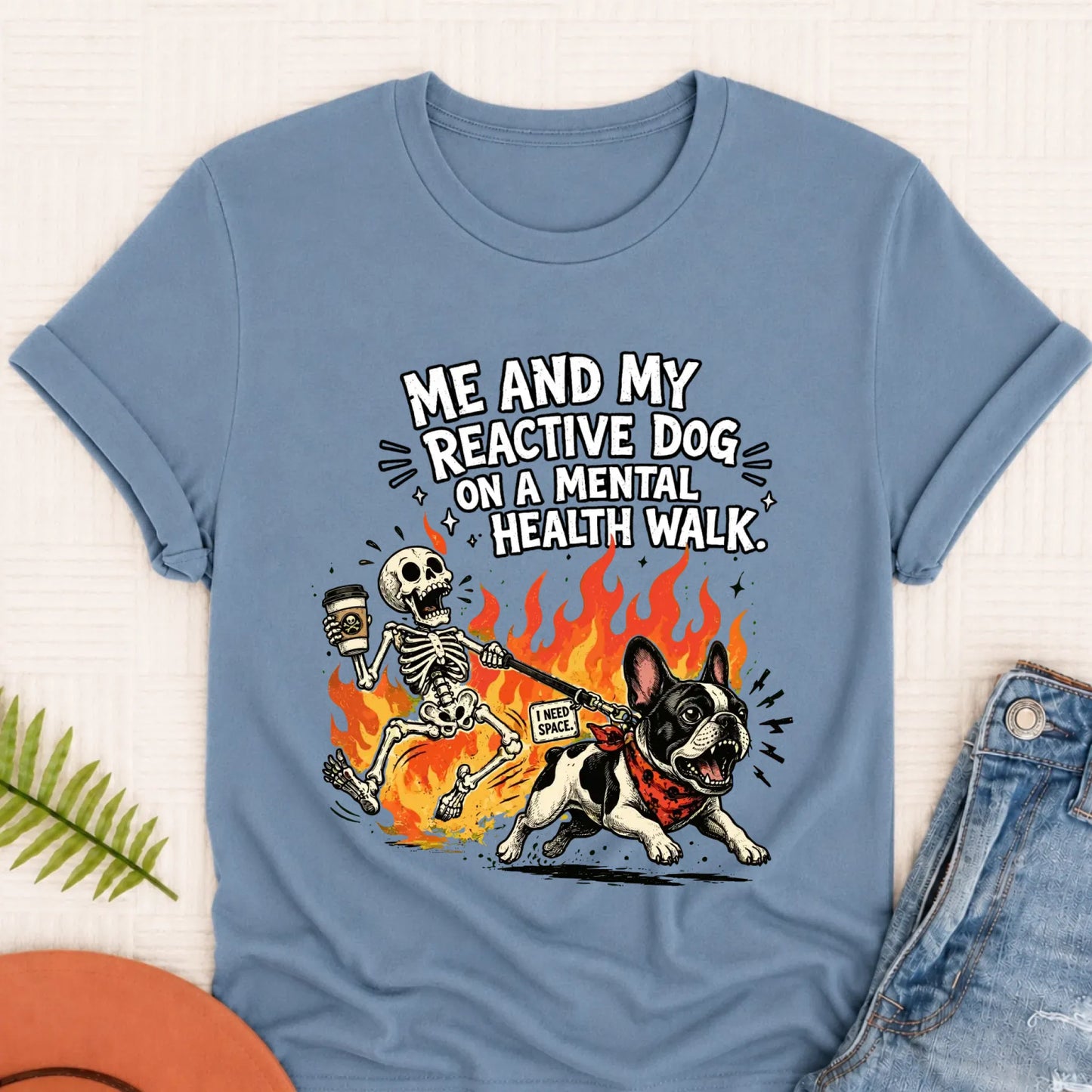 Custom Crazy Walk French Bulldog Unisex TShirt Blue Jean