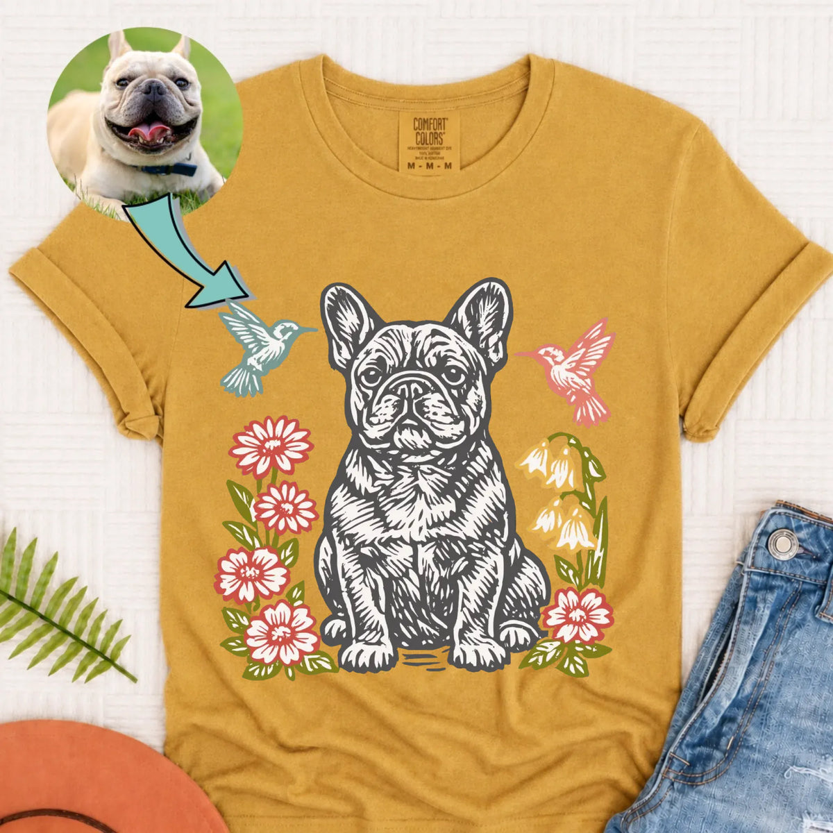 Custom Dog Hummingbirds Garden Unisex Tshirt Mustard