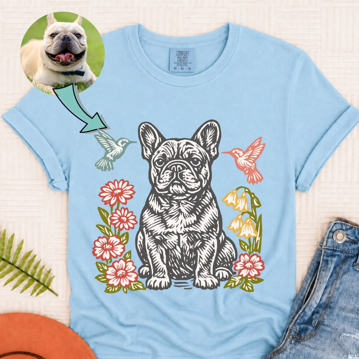 Custom Dog Hummingbirds Garden Unisex Tshirt Chambray