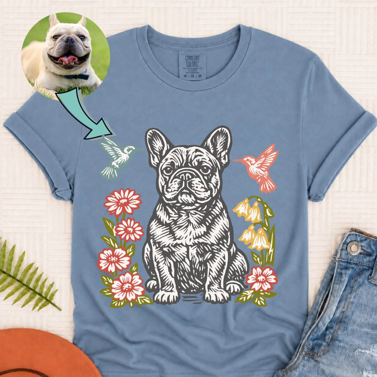 Custom Dog Hummingbirds Garden Unisex Tshirt Blue Jean