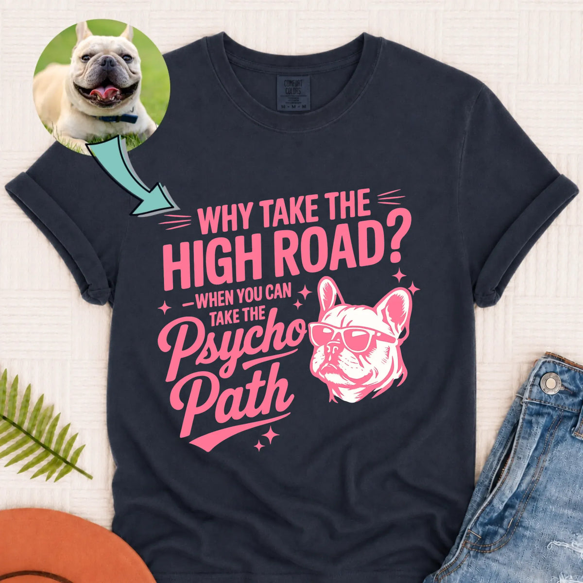 Custom Dog Portrait Pyscho Path Unisex Tshirt Navy