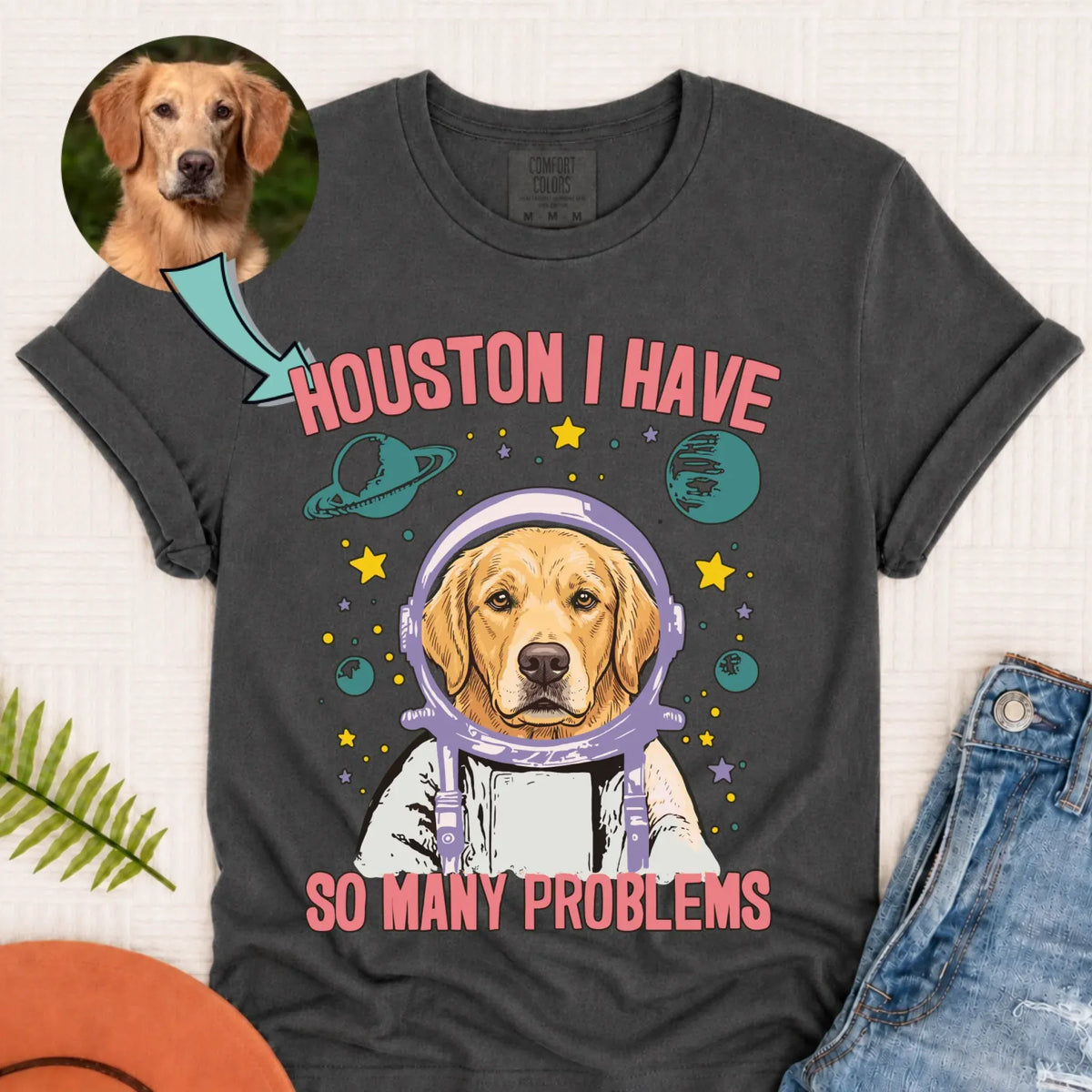 Custom Dog Space Houston Unisex Tshirt Pepper