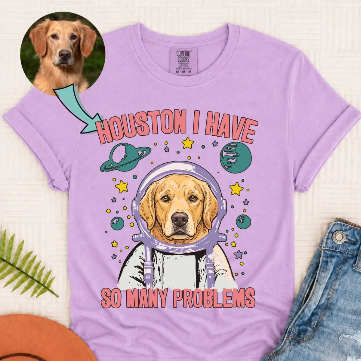 Custom Dog Space Houston Unisex Tshirt Orchid