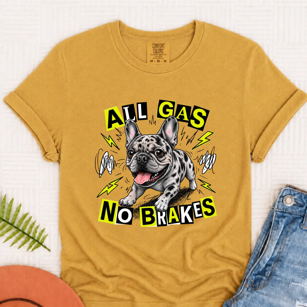 Custom Fawn Frenchie Punk All Gas Unisex TShirt Mustard
