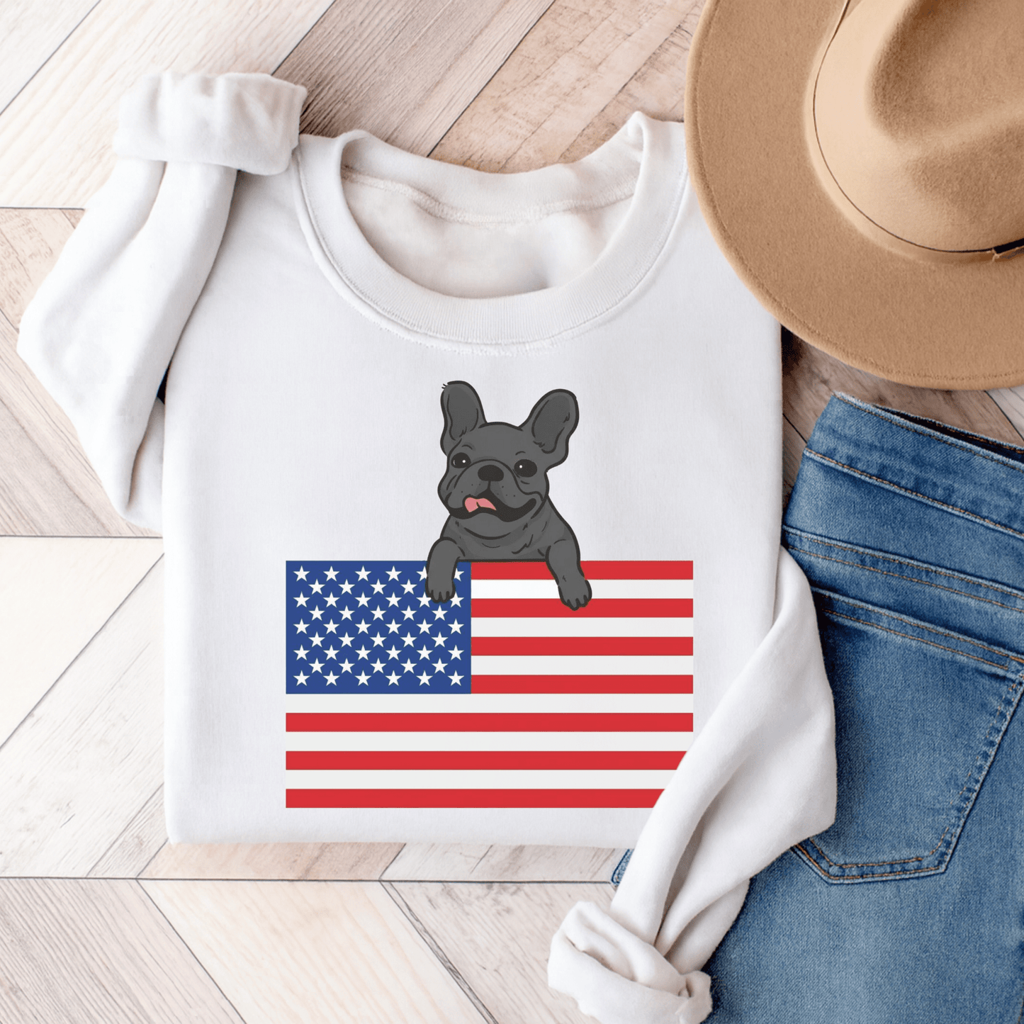 Custom Flag Black French Bulldog USA Sweatshirt White
