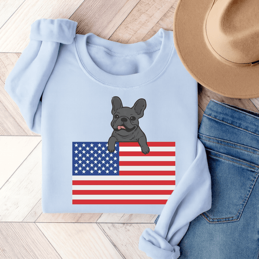 Custom Flag Black French Bulldog USA Sweatshirt Light Blue