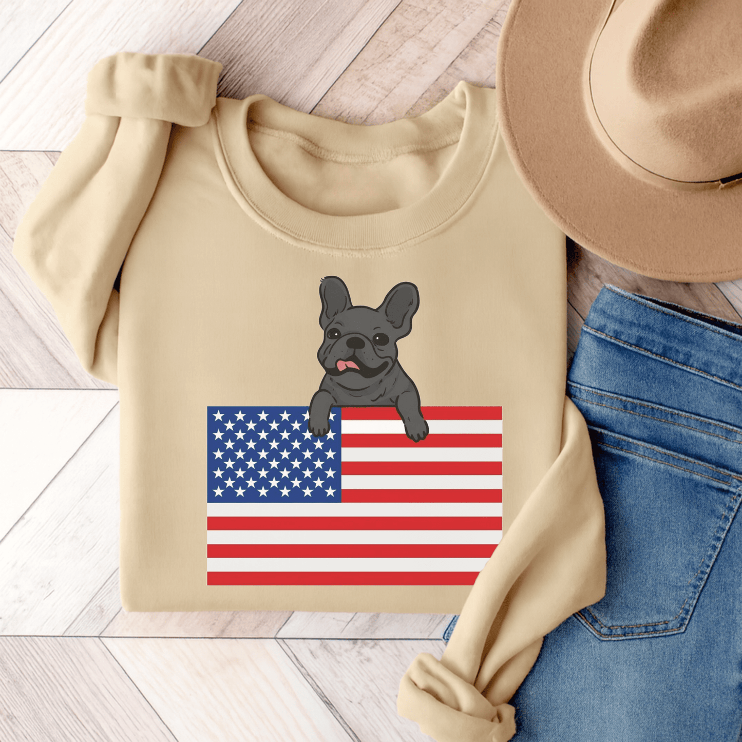 Custom Flag Black French Bulldog USA Sweatshirt Sand