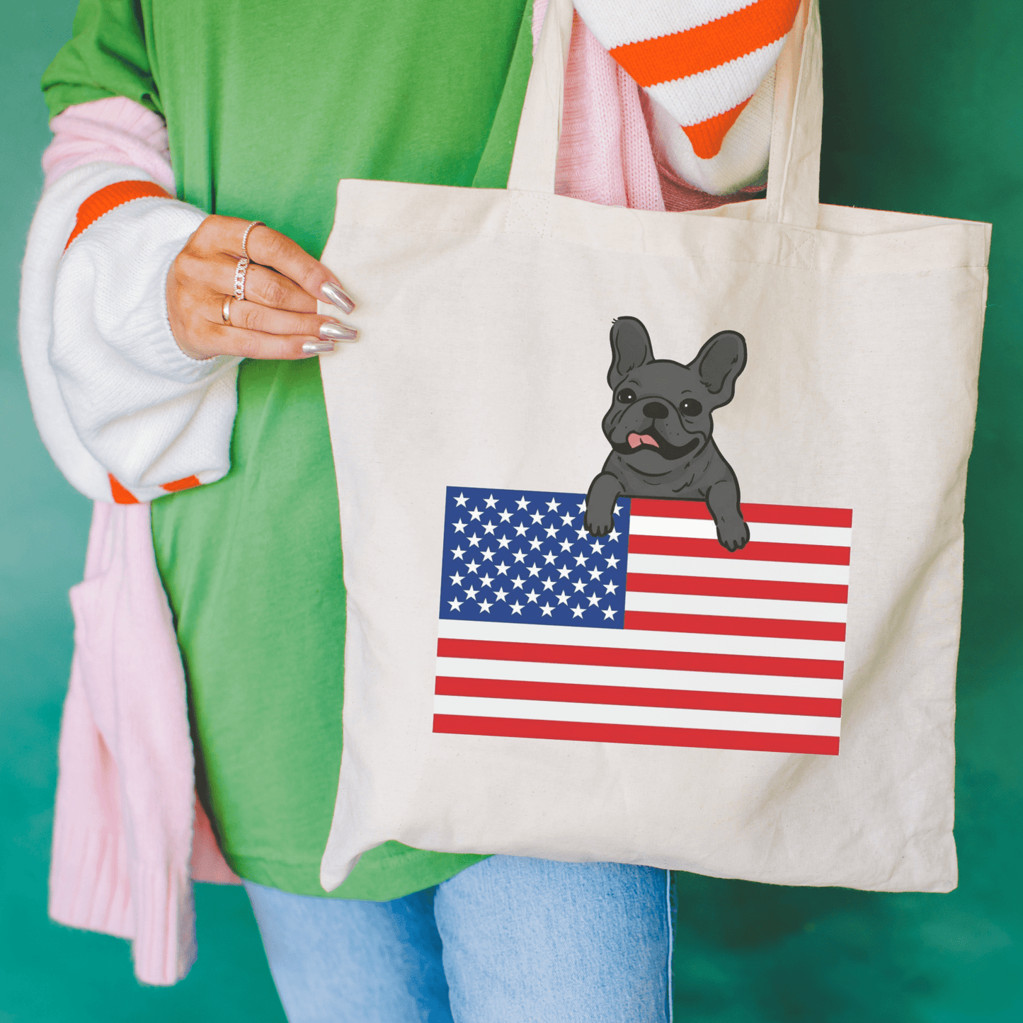 Custom Flag Black Frenchie USA Tote Bag Natural 15" x 16"