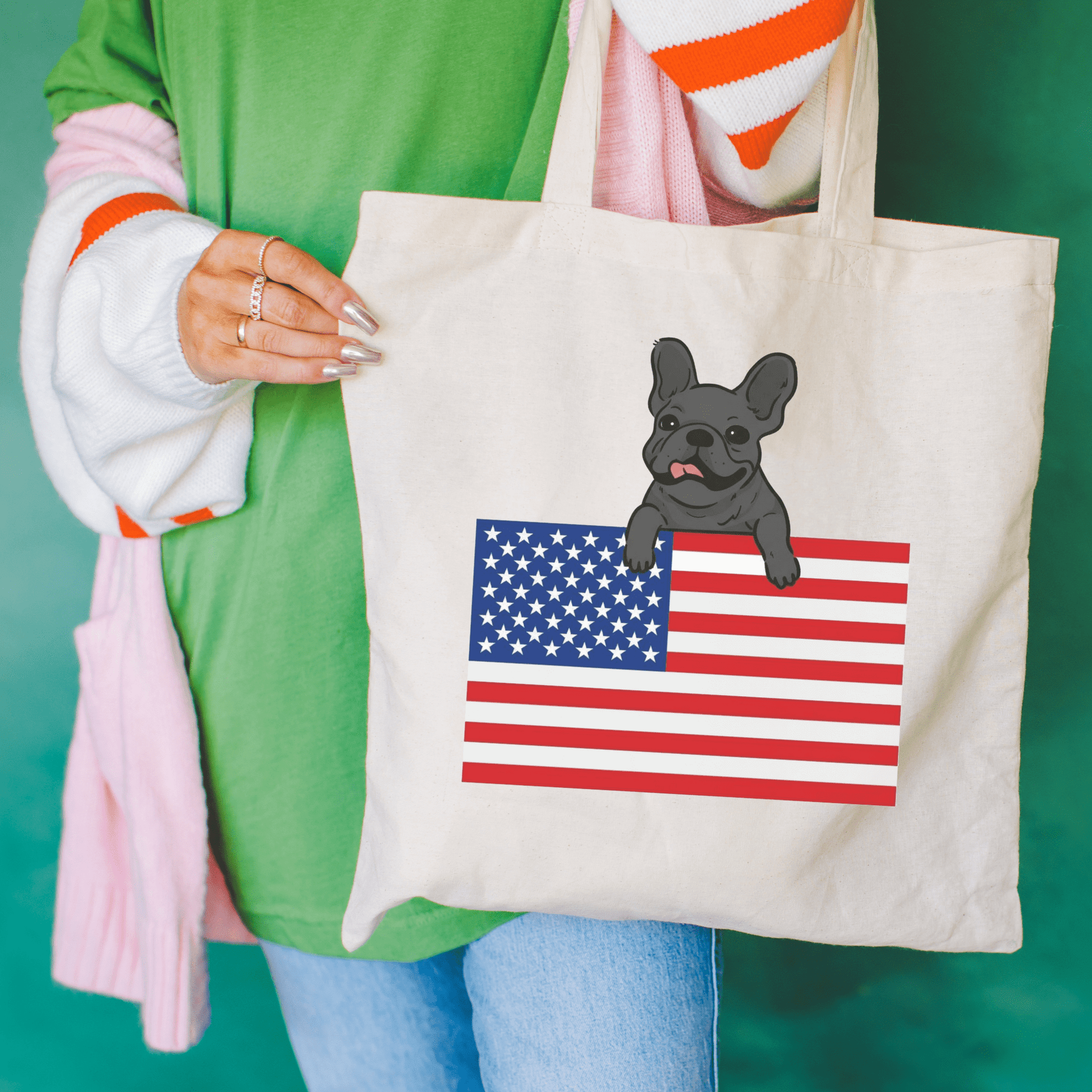 Custom Flag Black Frenchie USA Tote Bag Natural 15" x 16"