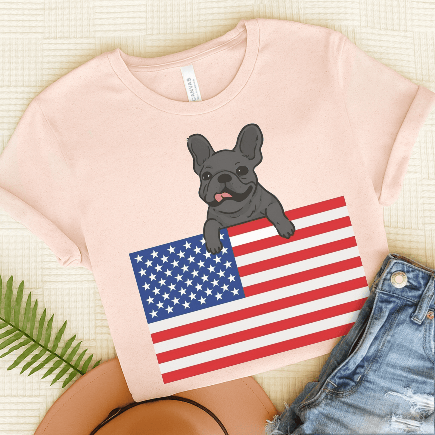 Custom Flag Black Frenchie USA TShirt Soft Pink
