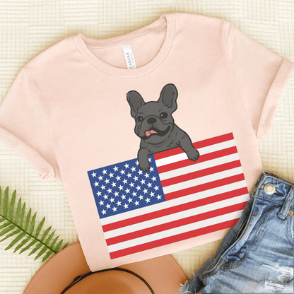 Custom Flag Black Frenchie USA TShirt Soft Pink