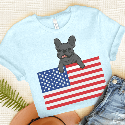 Custom Flag Black Frenchie USA TShirt Heather Ice Blue